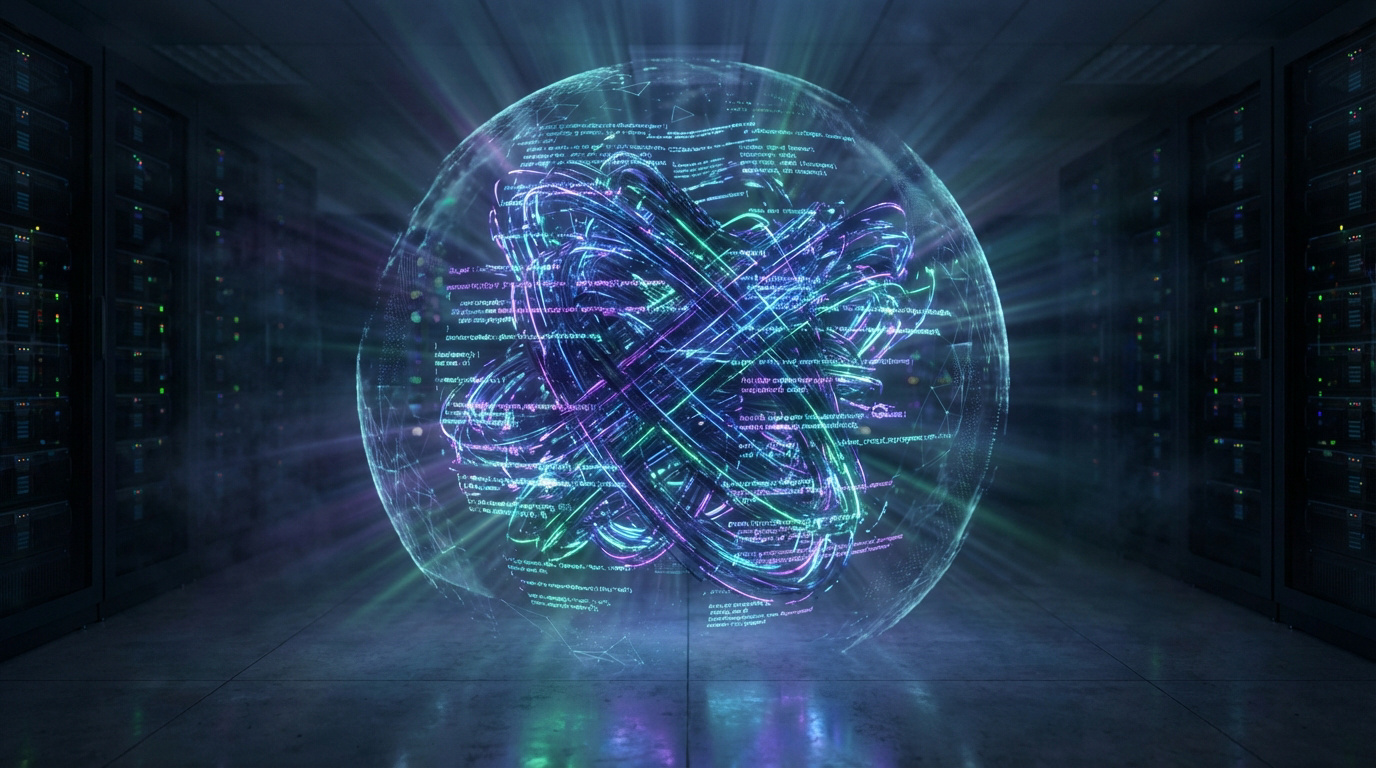 Sphère lumineuse de code obfusqué et entrelacé dans un centre de données. Représente la complexité numérique et le secret.